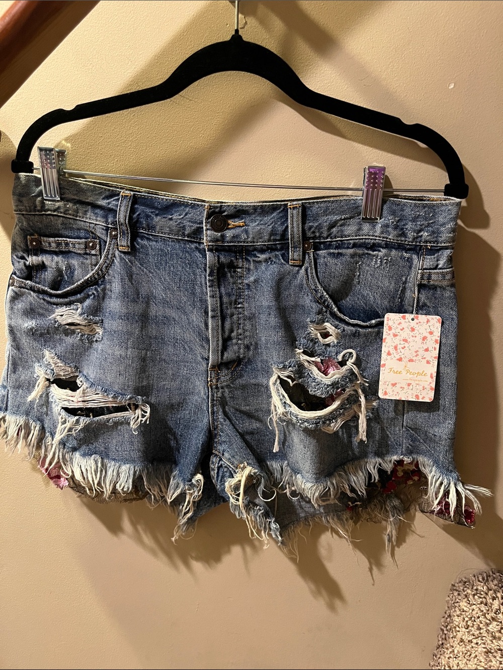 Free People Blue Distressed Denim Cutoff Shorts with Floral Peek
